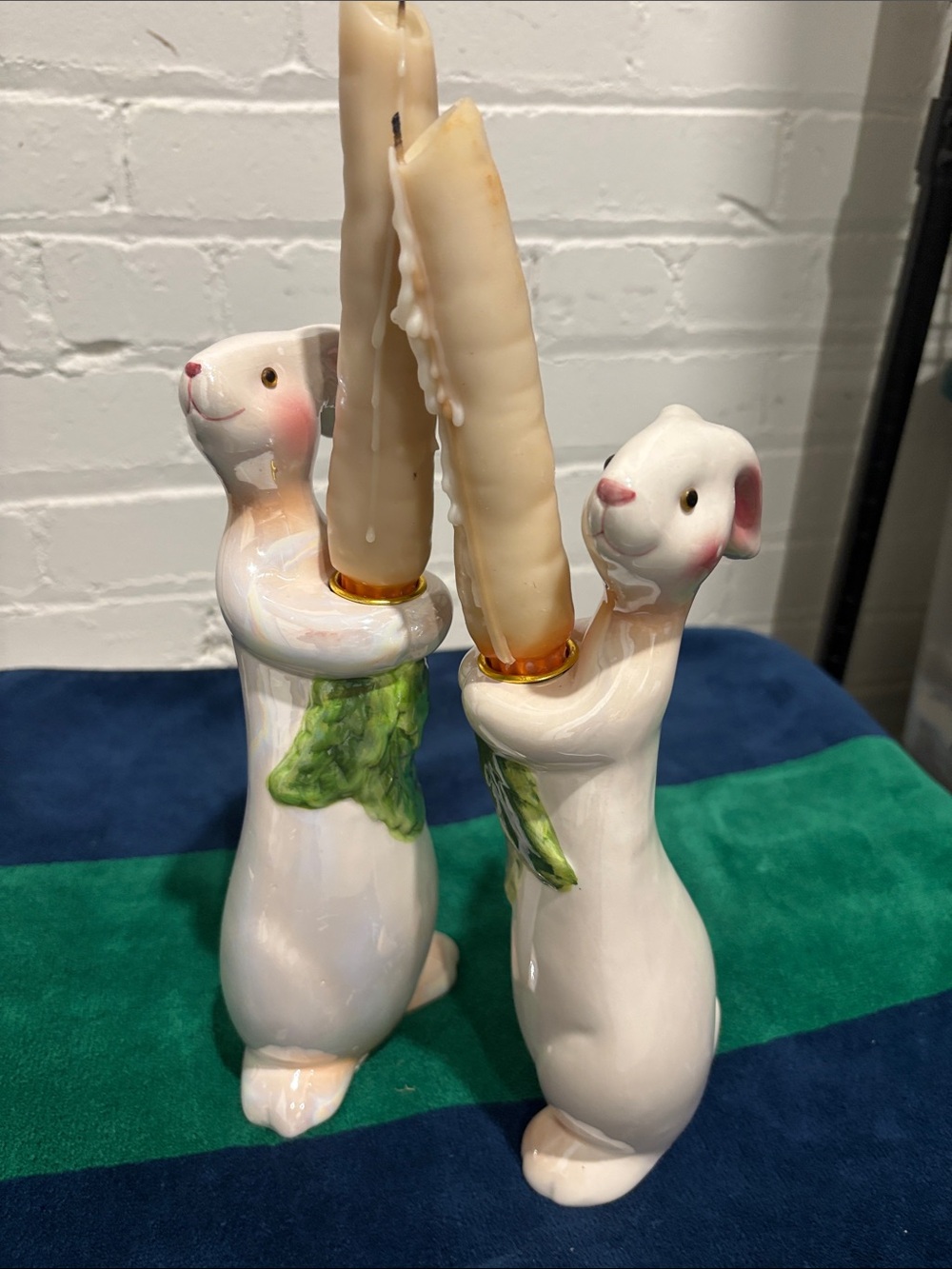 Department 56 White Bunny Candle Holders with Green Scarves - Pair